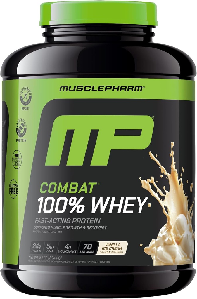 MusclePharm Combat 100% Whey Protein Powder, Vanilla Flavor, Fast Recovery & Muscle Gain with Whey Protein Isolate, High Protein Powder for Women & Men, Gluten Free, 5 lb, 70 Servings