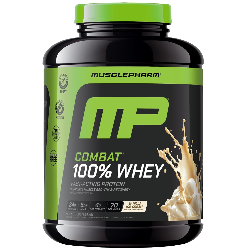 MusclePharm Combat 100% poudre de protéines de lactosérum, vanille, récupération rapide et gain musculaire avec Isolation de protéines de lactosérum, poudre de protéines haute pour les femmes et les hommes, sans gluten, 5 lb, 70 portions