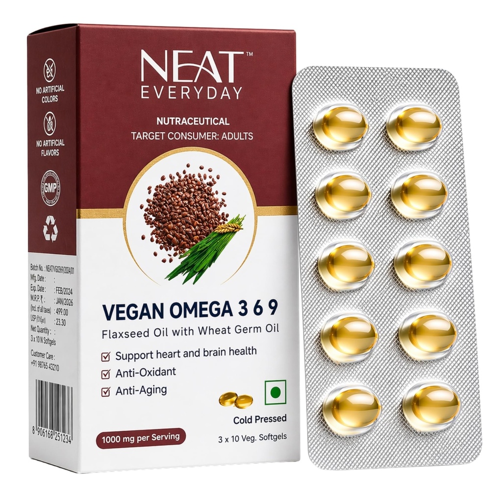 Neat Everyday Vegan Omega 3-6-9 Capsules 1000mg | Plant-Based Blend | No Fish Oil | Heart, Brain, Skin, Hair & Joint Health | Essential Fatty Acids | For Men & Women | 30 Capsules