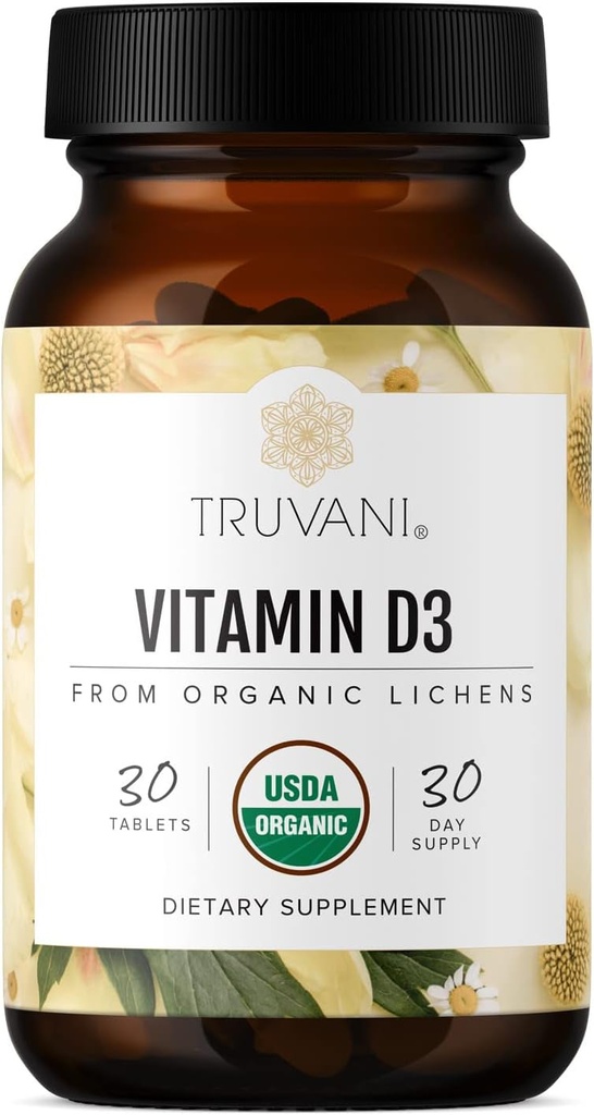 Truvani Vitamine biologique D3 - végétale, bio USDA, sans gluten, non-OGM, supplément végétal D3 - soutient la santé osseuse, immunitaire et cérébrale - 30 comprimés