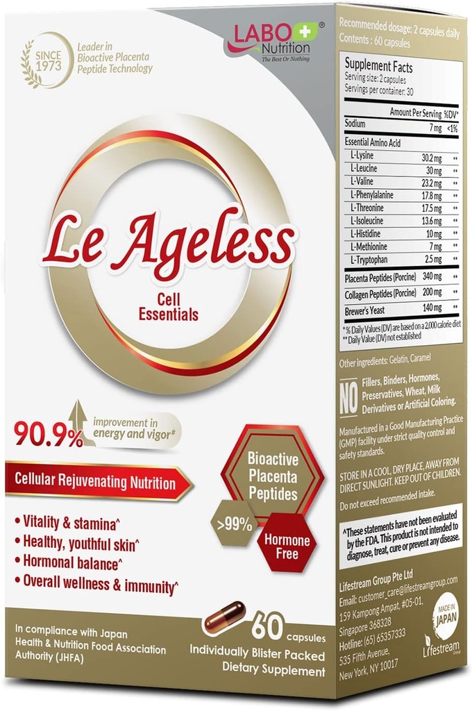 LABO Nutrition Le Ageless – Thérapie de rajeunissement des cellules placentaires du Japon – Enrichie avec le peptide de collagène et le brasseur – 60 capsules