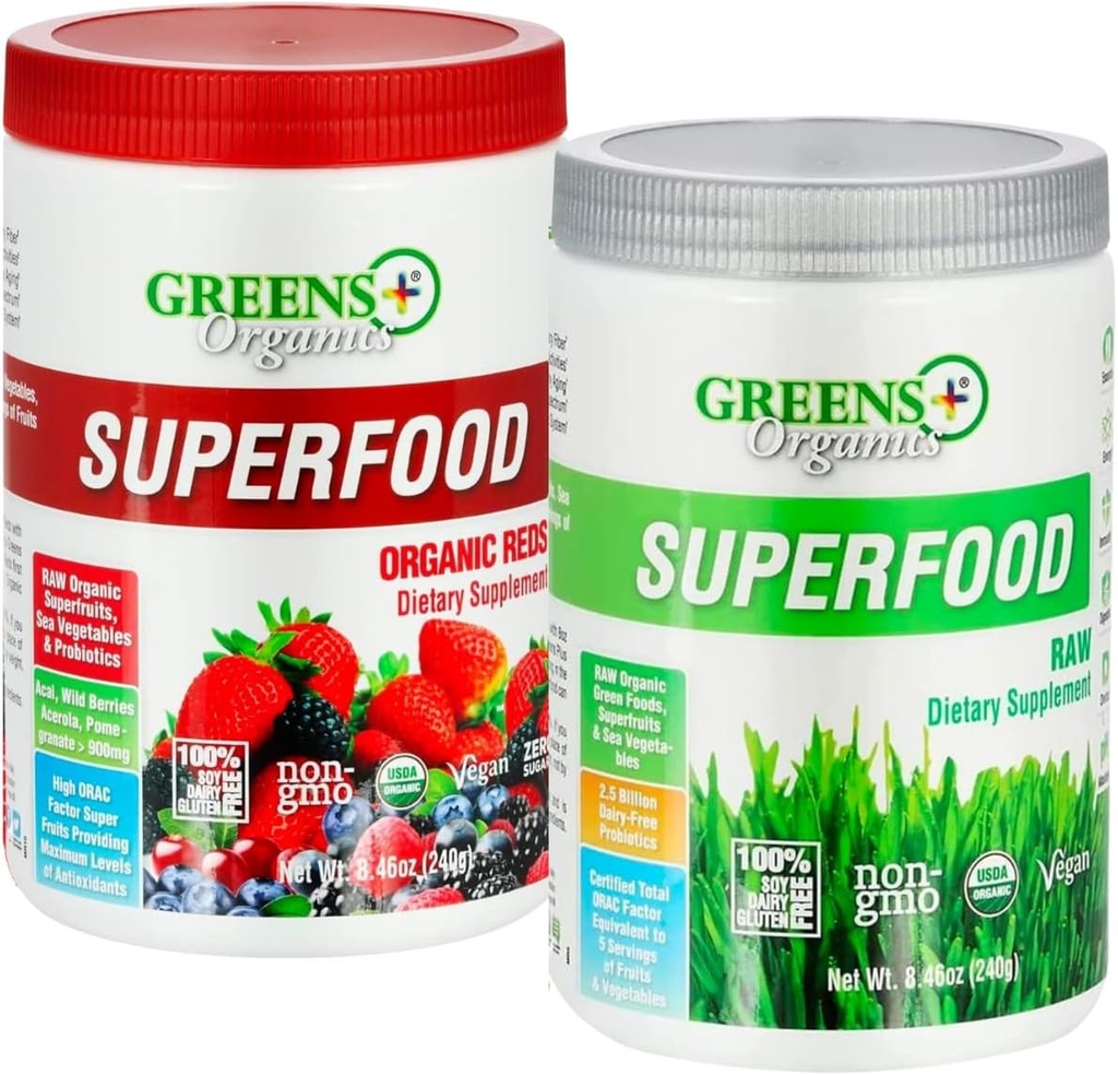 Greens+ Bio Reds Superfood Powder Organic RAW Superfood Powder Immune Support Énergie Boost, Nutrition, Santé vive, Supplément alimentaire, Vegan, Soy/Dairy/Gluten Free