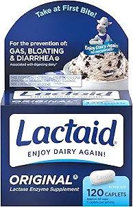 Lactaid Force originale Caplets anti-intolérance à la lactose avec enzyme naturel de lactase, supplément alimentaire pour aider à prévenir le gaz, le gonflement et la diarrhée en raison de la sensibilité à la lactose, 120 ct