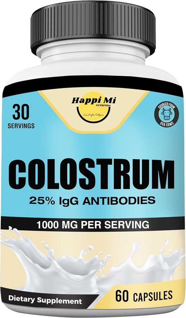 Capsules de colostrum 1000mg par portion - US Source, 25% Immunoglobuline pour Immune Support & Gut Health, 60 Capsules, 30 portions