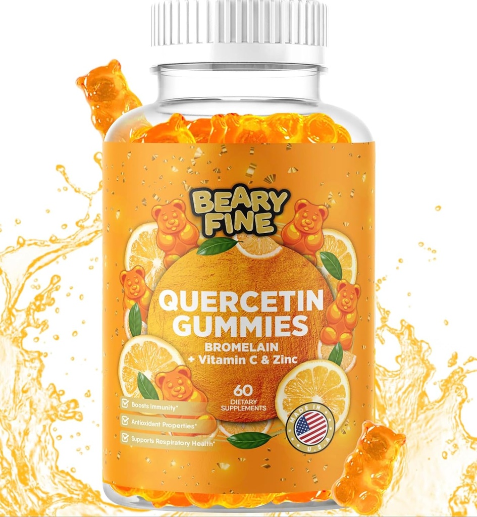 Quercetin with Bromelain Gummies - Vitamin C + Zinc & Vitamin D3 – Extra Strength Immune Support Booster - 60 Quercetin Gummies - Made in The USA