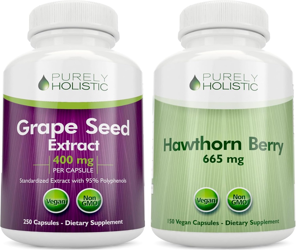 Extrait purement holistique de graines de raisin 400mg + Hawthorn Berry 665mg Bundle - 400 Capsules Vegan - Fabriqué en France