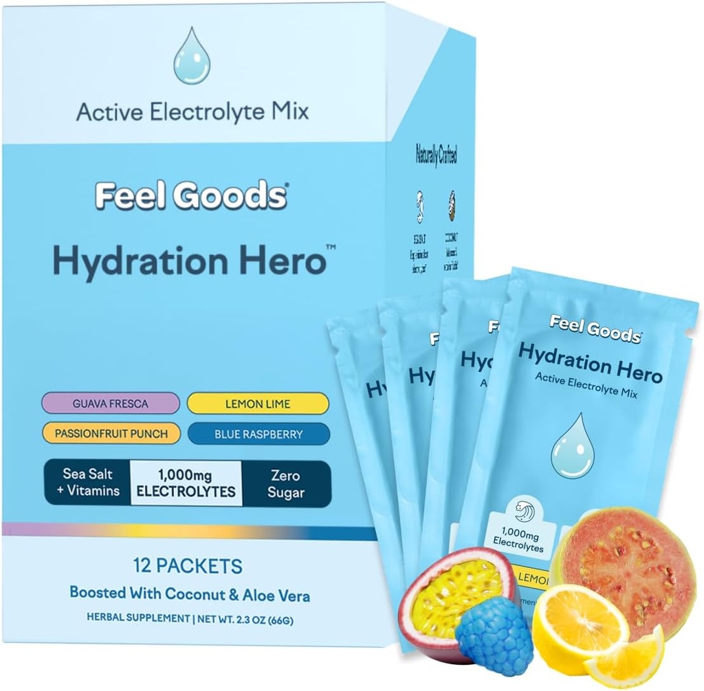 Sentez les produits Hydratation Hero, Variété Pack, 1000mg Electrolytes Poudre, Sans sucre, Magnésium, Aloe Vera organique, L Theanine, Vitamine C, Vegan, Non OGM, Sur le Go Electrolyte Packets, 12 Compte