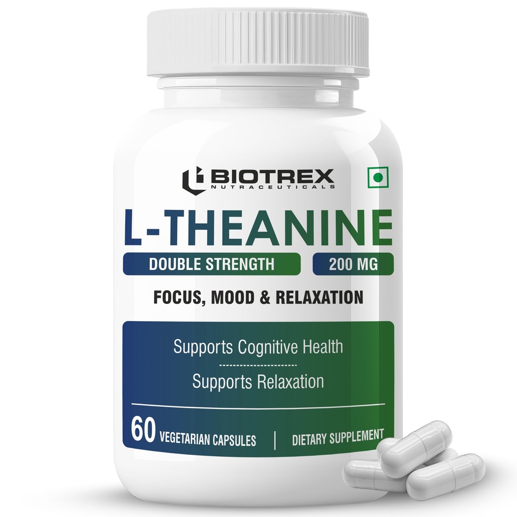 Biotrex Nutraceuticals L-Theanine 200mg Double Strength, Non-Drowsy Support | Helps Cognitive Health & Relaxation - 60 Veg Capsules