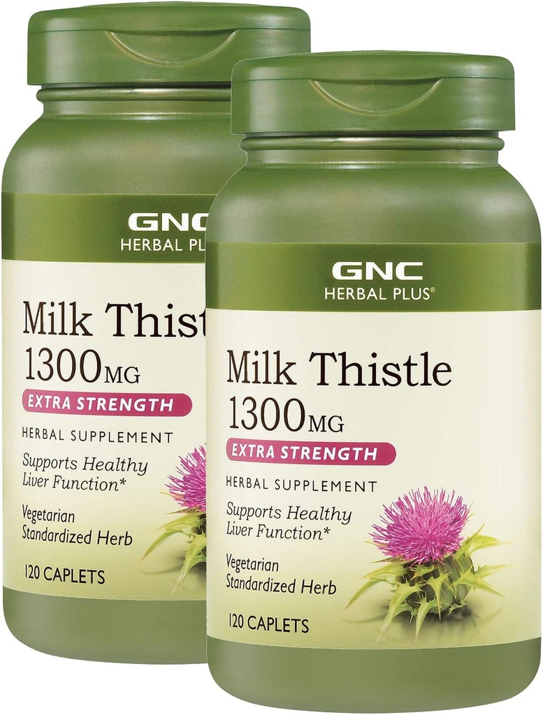 GNC Herbal Plus Thistle de lait 1300mg, Twin Pack, 120 Caplets par bouteille, soutient la fonction saine du foie