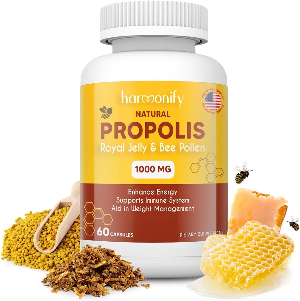 Abeille Pollen Propolis Extrait de gelée royale avec caroube, supplément de soutien immunitaire pur, sans gluten, capsules végétariennes, 1000 mg