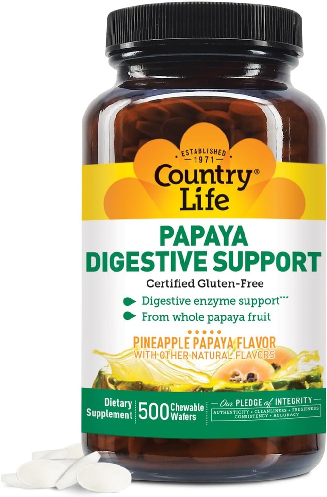 Country Life Enzymes de papaye à croquer pour le soutien de la digestion - Ananas naturels et parfum de papaye, aide à l'absorption des nutriments, contient de la papaine et de la protéase - 200 et 500 Wafers disponibles