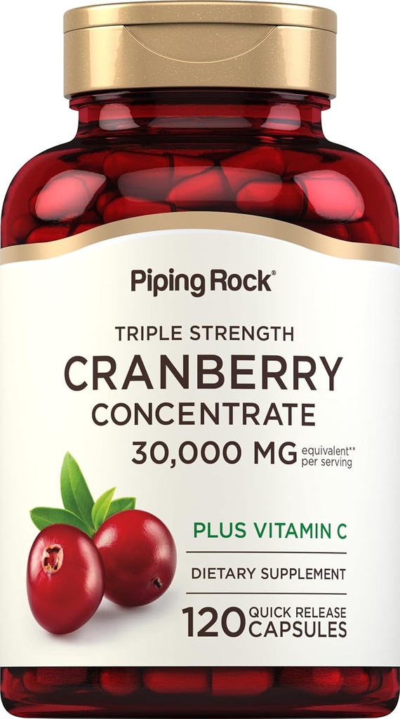 Piping Rock Pilules de canneberges $ 30 000 mg $ 120 Capsules $ Supplément pour les femmes et les hommes $ Triple Strength Concentrate Extract Plus vitamine C $ Non-OGM, sans gluten