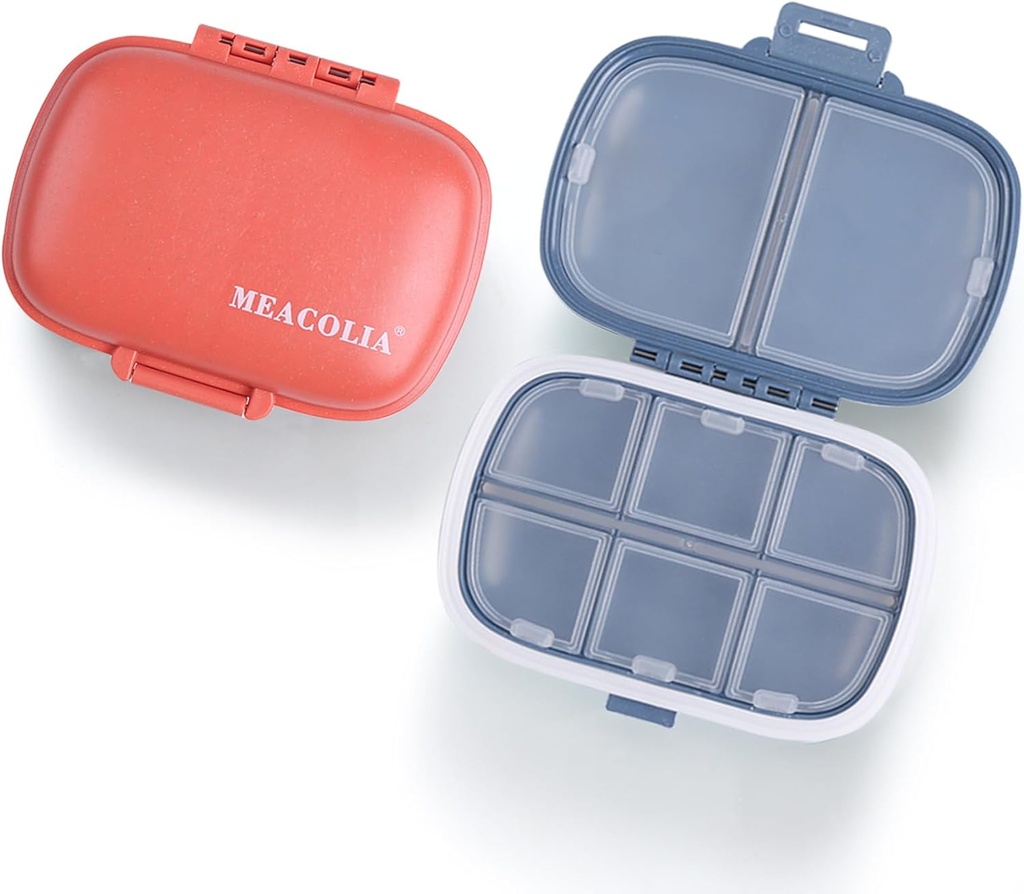 MEACOLIA 2 Pack 8 Compartments Travel Pill Organizer Box Moisture Proof Small Pill Case for Pocket Purse Daily Pill Holder Container for Medicine Vitamin (Dark Blue & Red)