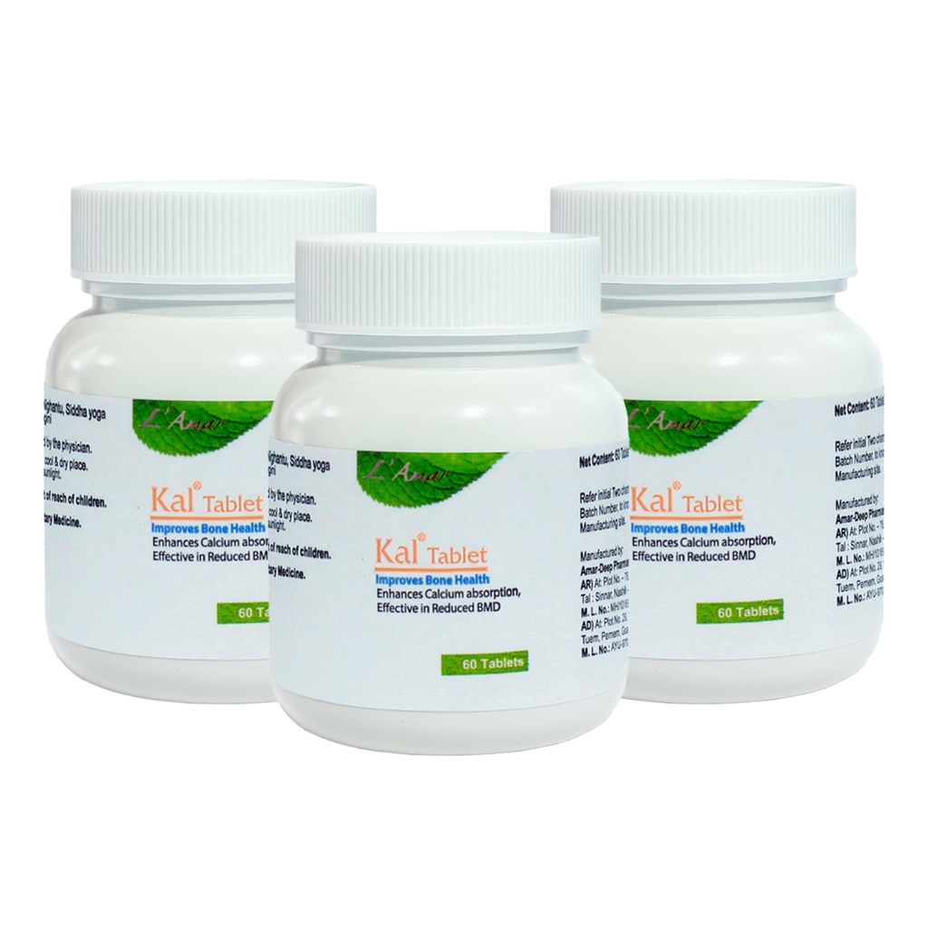 L’Amar KAL Ayurvedic Tablets for Bone Health – 60 Tablets (Pack of 3) | Natural Calcium Supplement for Bone Strength, Post-Menopausal Support, BMD & Joint Care