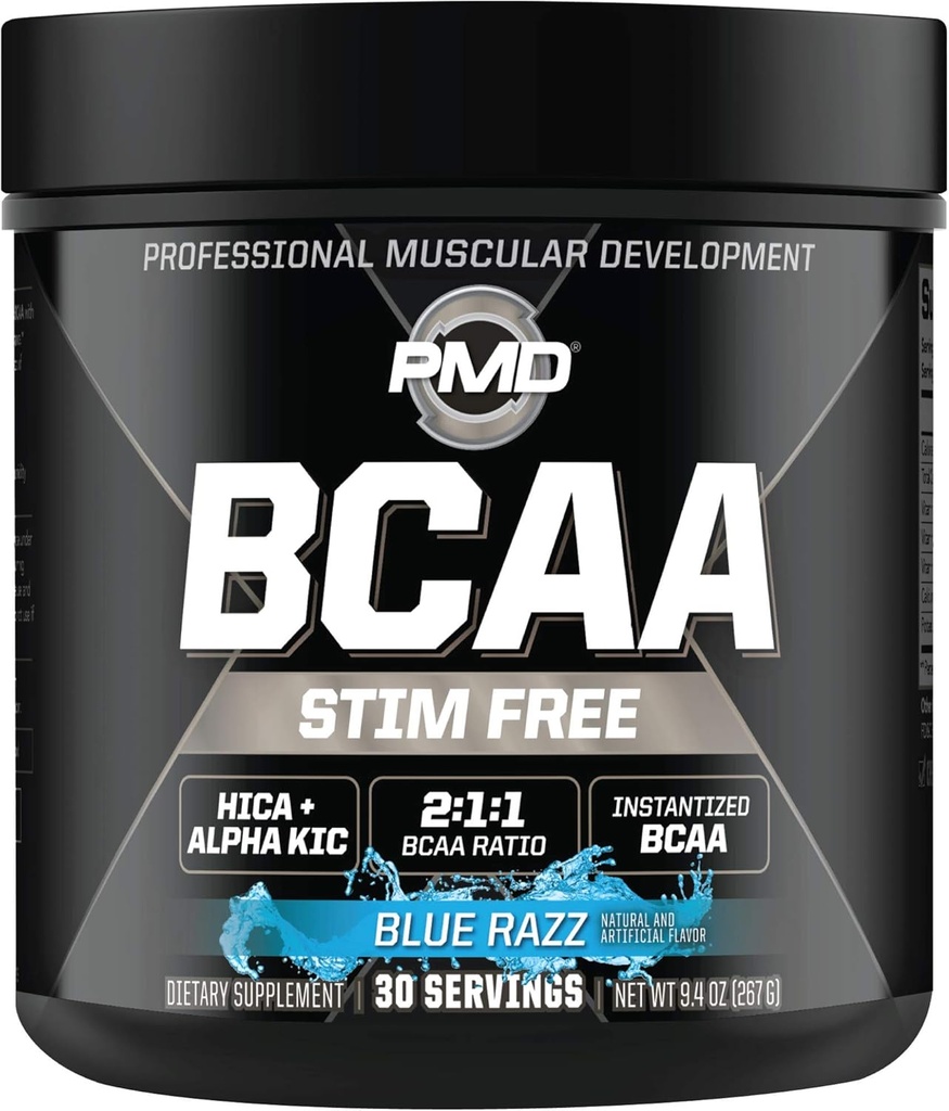 PMD Sports BCAA Acides aminés sans stimulation - Meilleure performance d'entraînement, récupération améliorée, énergie quotidienne, bâtisseur musculaire et parsemage musculaire - BCAA Mélange de boissons en poudre - Blue Razz (30 portions)