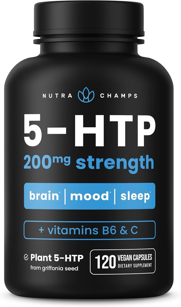 NutraChamps 5-HTP 200mg, 120 Capsules Vegan, Pure 5HTP 100mg Plus Co-Facteurs Vitamine B6 & Vitamine C