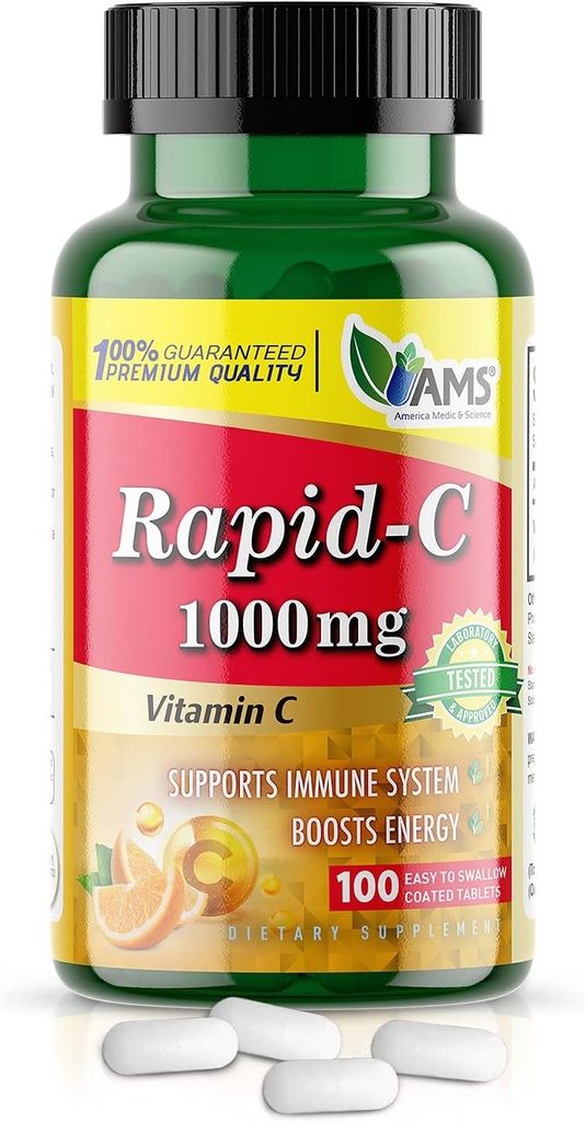 America Medic & Science Rapid-C 1000mg Vitamin C Supplement (1 Pack of 100 Tablets) Energy Booster, Daily Immune System Support, Antioxidant | Vegan, Non-GMO Coated Ascorbic Acid for Adult Men & Women
