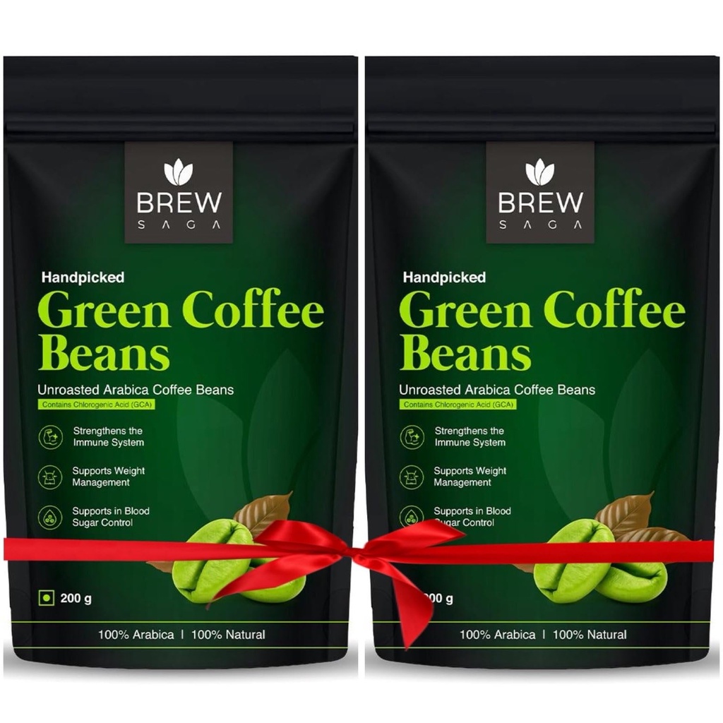Brewsaga Unroasted Arabica Pure Green Coffee Beans Whole | Weight Management & Detox For Men & Women | Chlorogenic Acid for Natural Weight Loss | Body Detoxification Powder | 200g | Pack of 2 (2)