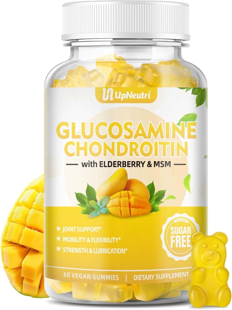 Sans sucre Glucosamine Chondroitine Gummies, Extra Strength 1500mg Glucosamine avec Chondroitine MSM & Elderberry & Turmeric, Supplément de soutien conjoint pour les hommes et les femmes Déplacer libre santé conjointe