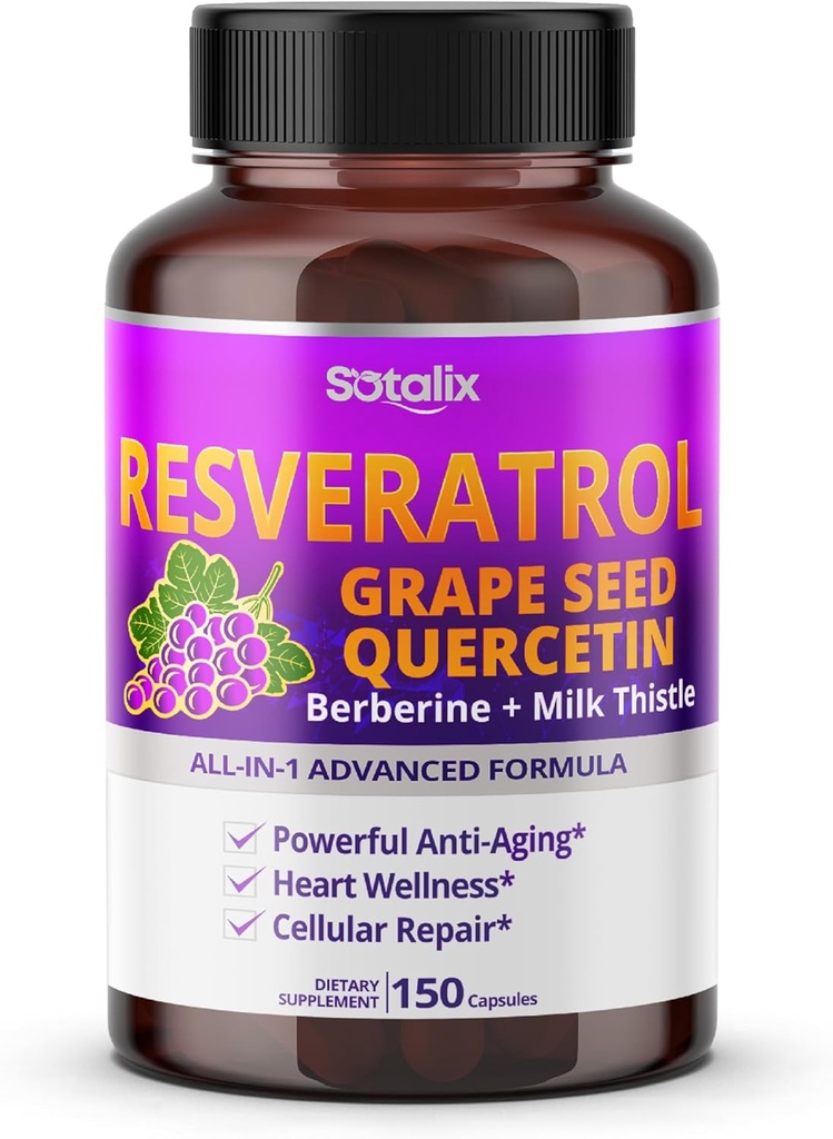 Resvératrol avec graines de raisin + Quercetin Berberine + Thistle de lait Puissant Anti-Age - USA Fabriqué et testé (150 jours d'approvisionnement (paquet de 1))