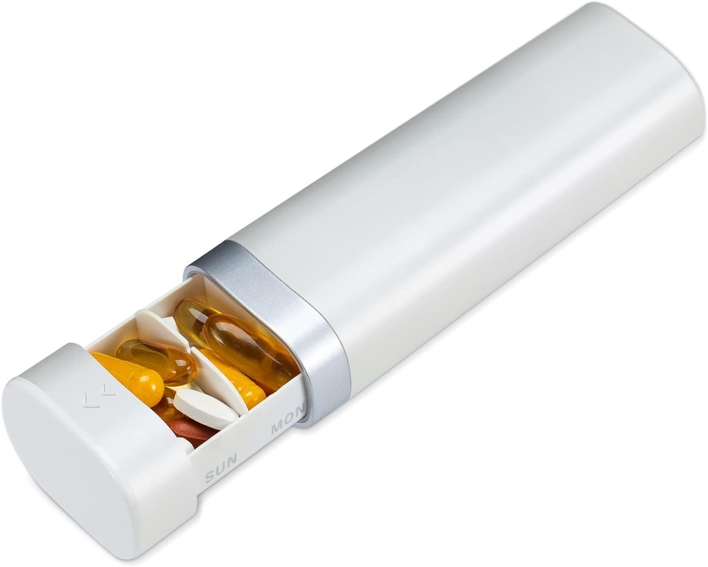 Betife Travel Pill Organizer Weekly 7 Day, Compact Daily Pill Box, Portable Medicine Case, Support de pilule mignon pour suppléments de vitamines, Organisateur de pilules en forme de tiroir (Pearl White)