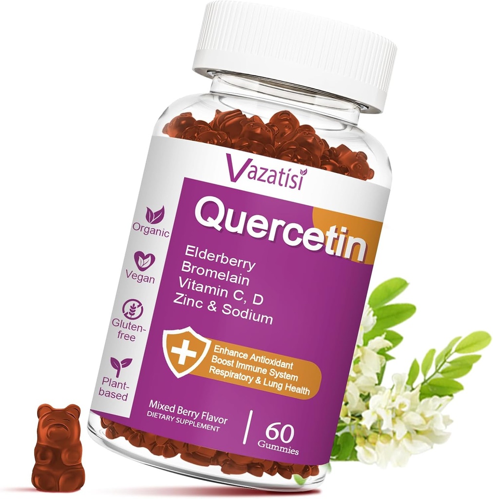 Gummies Quercetin, Quercetin avec Zinc Vitamine C, Bromelain, Elderberry et Vitamine D, Immune Support Adultes Enfants, Femmes Hommes, 60 Gummies Chewable