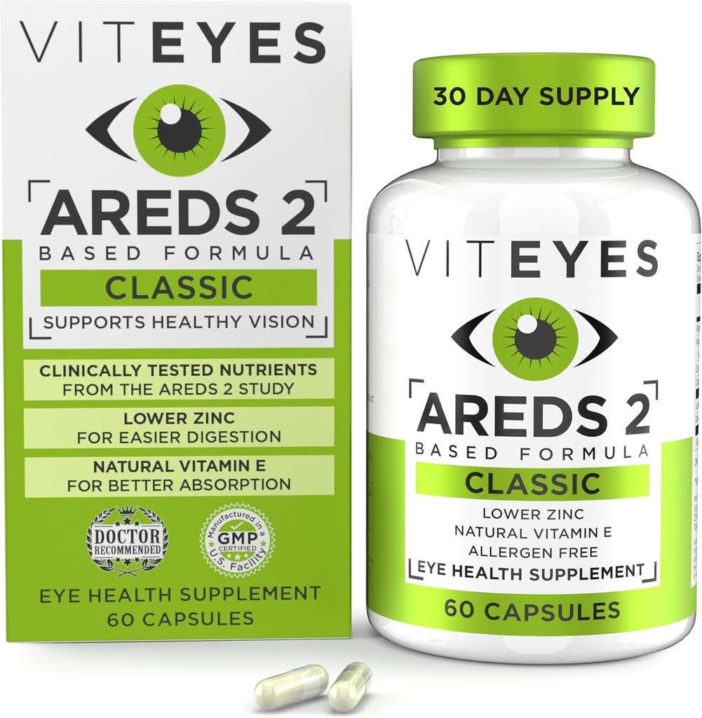 Vityeyes AREDS 2 Vitamines oculaires, Support Maculaire Classique, Capsules sans allergène, avec Vitamine E naturelle, Vitamine C, Zinc, Cuivre, Lutéine et Zeaxanthin, Eye Doctor Trusted, Fabriqué aux États-Unis, 60 Ct