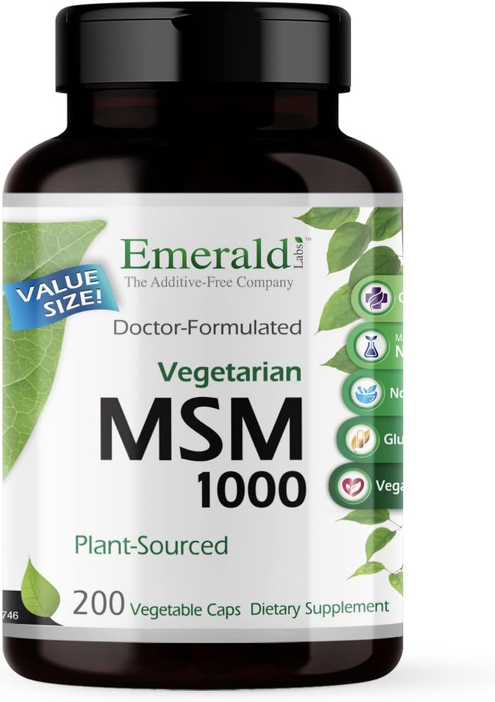 EMERALD LABS MSM 1000mg - Supplément de soutien pour joint, foie et immunitaire avec méthylsulfonylméthane - Sans gluten et sans additifs - 200 capsules végétales (jusqu'à 100 jours de disponibilité)