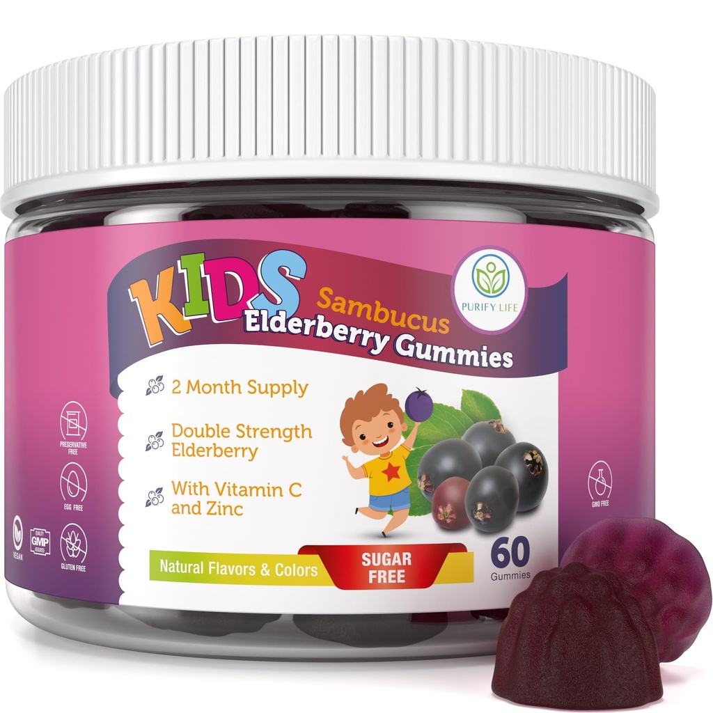 Purifier la vie des enfants sans sucre Gommies de baies aînées avec vitamine C et zinc – Supplément quotidien de soutien immunitaire pour les enfants, Sambucus antioxydant, végétalien, 60 Ct