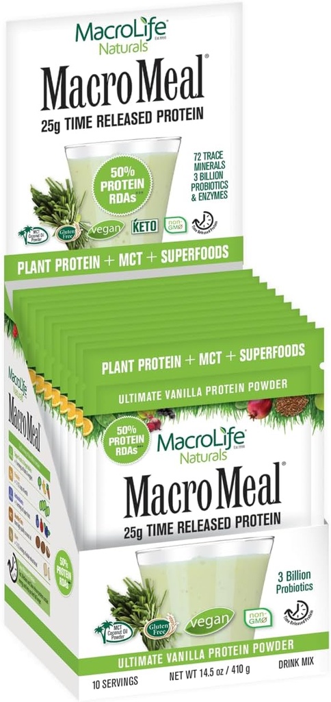 MacroLife Naturals MacroMeal Vegan Vanilla Superfood Supplément Poudre Protéines + Verts, Probiotiques, Enzymes digestifs, Fibre - Énergie, Detox, Immune - Non-OGM, Sans gluten - 10 portions de paquets