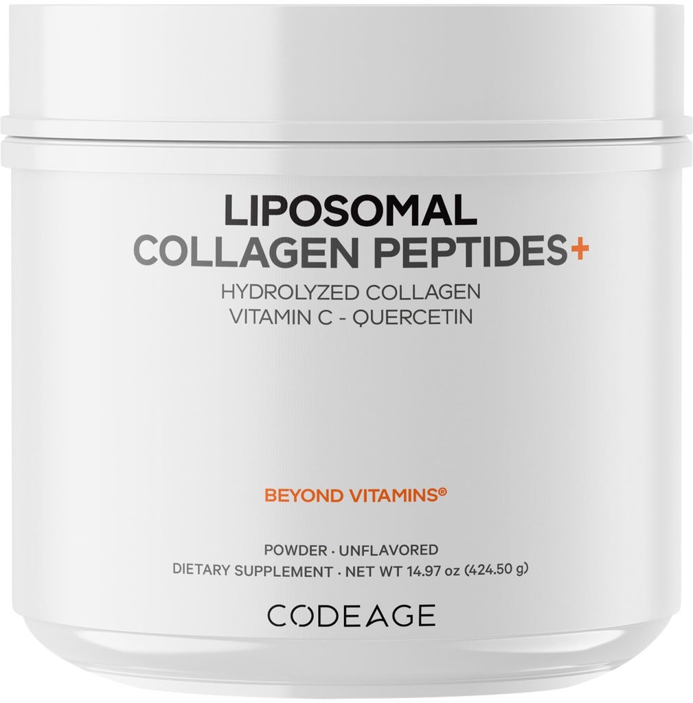Codeage Collagène liposomique Peptides Poudre + Vitamine C & Quercetin, Complexe Phospholipide, Pâturage gazonné Hydrolysé Collagène Type I & III Supplément Tout-en-un, Non-OGM, 14.97 oz