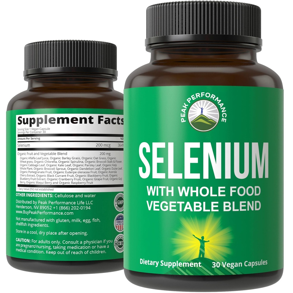 Supplément de sélénium avec mélange de 25 légumes et fruits pour l'absorption maximale. Capsules Vegan Sélénium pures pour système immunitaire, support thyroïdien, santé cardiaque, soutien à la prostate. 30 pilules