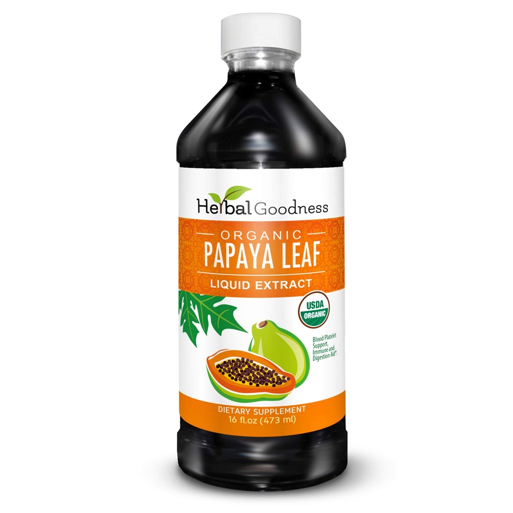 Bonté à base de plantes Papaya Support de plaquette d'extrait de feuille - 15X Blood Platelet Boost, Bone Marrow & Spleen Support, Immune & Gut Health, Enzyme digestif - Bio Kosher 16 oz Extrait liquide