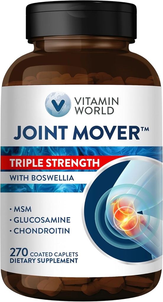 Vitamine World Triple Strength Joint Mover, Glucosamine Chondroitin avec supplément de soutien de joint MSM, Collagen & Boswellia Serrata Extrait, soutien de joint Strength, confort et flexibilité, 270 Caplets