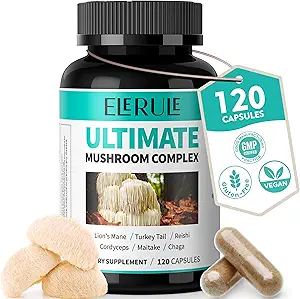 Supplément de champignons 6 en 1 - Focus, Mémoire, Nootropics Cerveau et Immune Support Complexe de champignons avec Lions Mane, Reishi, Cordyceps, Chaga, Turquie Tail, Maitake (120 capsules)