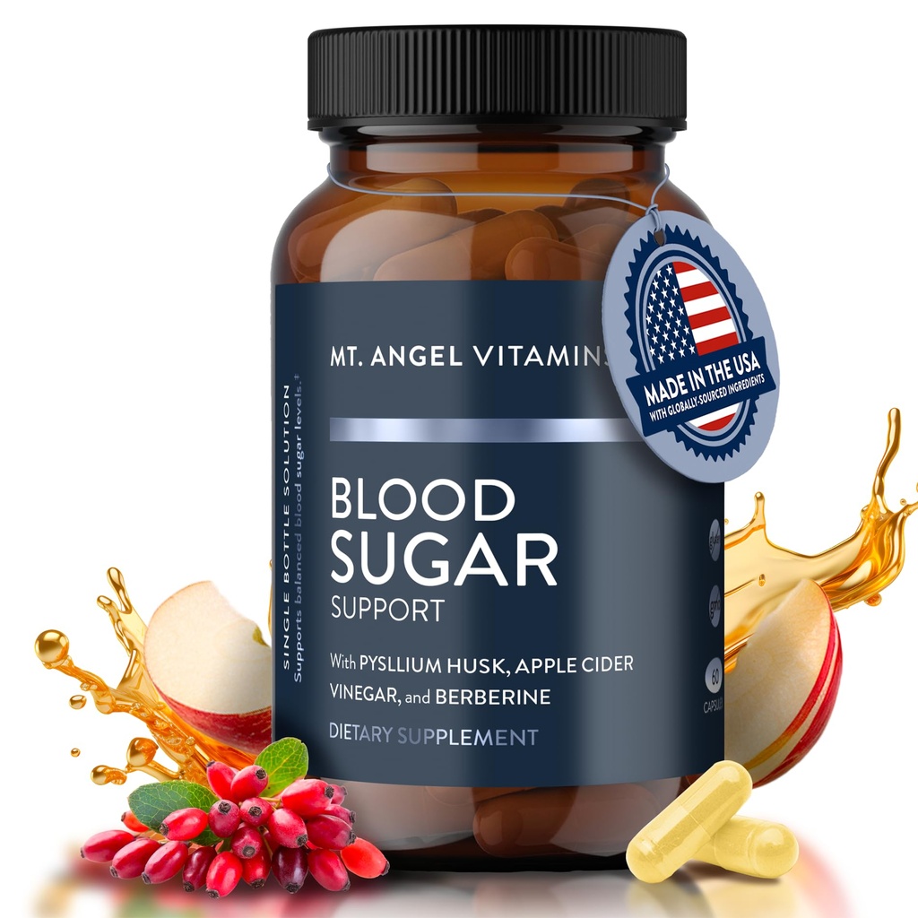 Mt. Angel Vitamines Supplément de soutien du sucre de sang - Supplément naturel avec Pysllium Husk, Berberine avec Ceylan Cinnamon, et vinaigre de cidre de pomme - soutient des niveaux de sucre de sang sains - 60 capsules