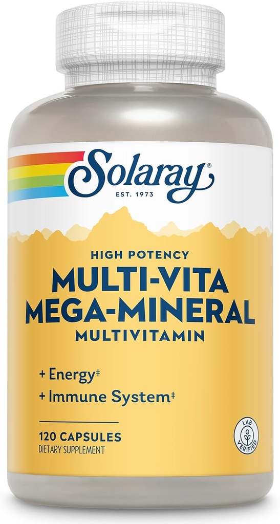 Multivitamine Méga-minérale SOLARAY multivitamine pour les femmes et les hommes avec vitamine D, vitamine C, magnésium, zinc et plus - Support du système d'énergie et immunitaire - Garantie de 60 jours - 30 portions, 120 capsules