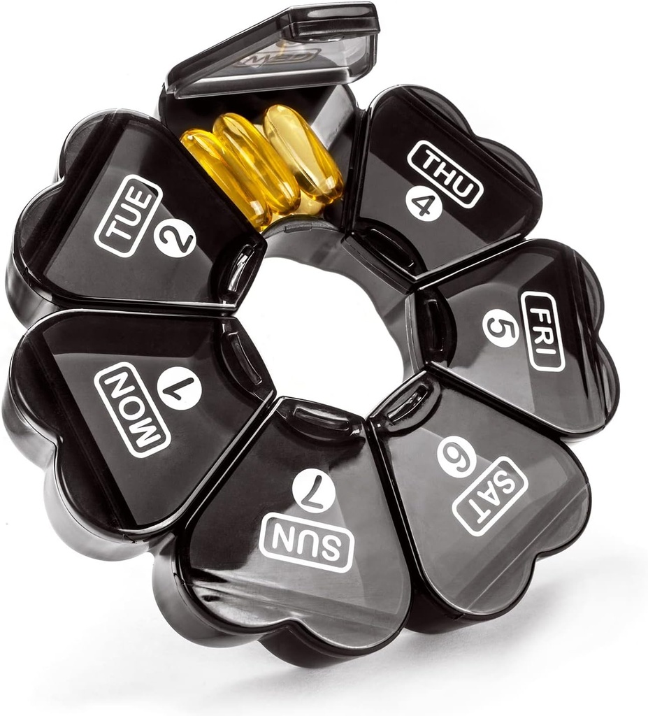 Grand organisateur de pilules 7 jours, Remtise Portable Daily Pill Cases Organisateur de médicaments, Boîte à pilules hebdomadaire pour pilules/vitamine/huile de poisson/compléments et médicaments (noir)