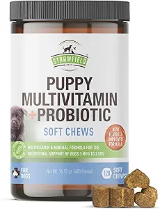 Strawfield Pets' Puppy Multivitamin + Probiotics for Dogs Puppy Vitamins with Joint Support Supplement for Dogs & Puppies Tasty Bacon Flavor 120 Soft Chews
