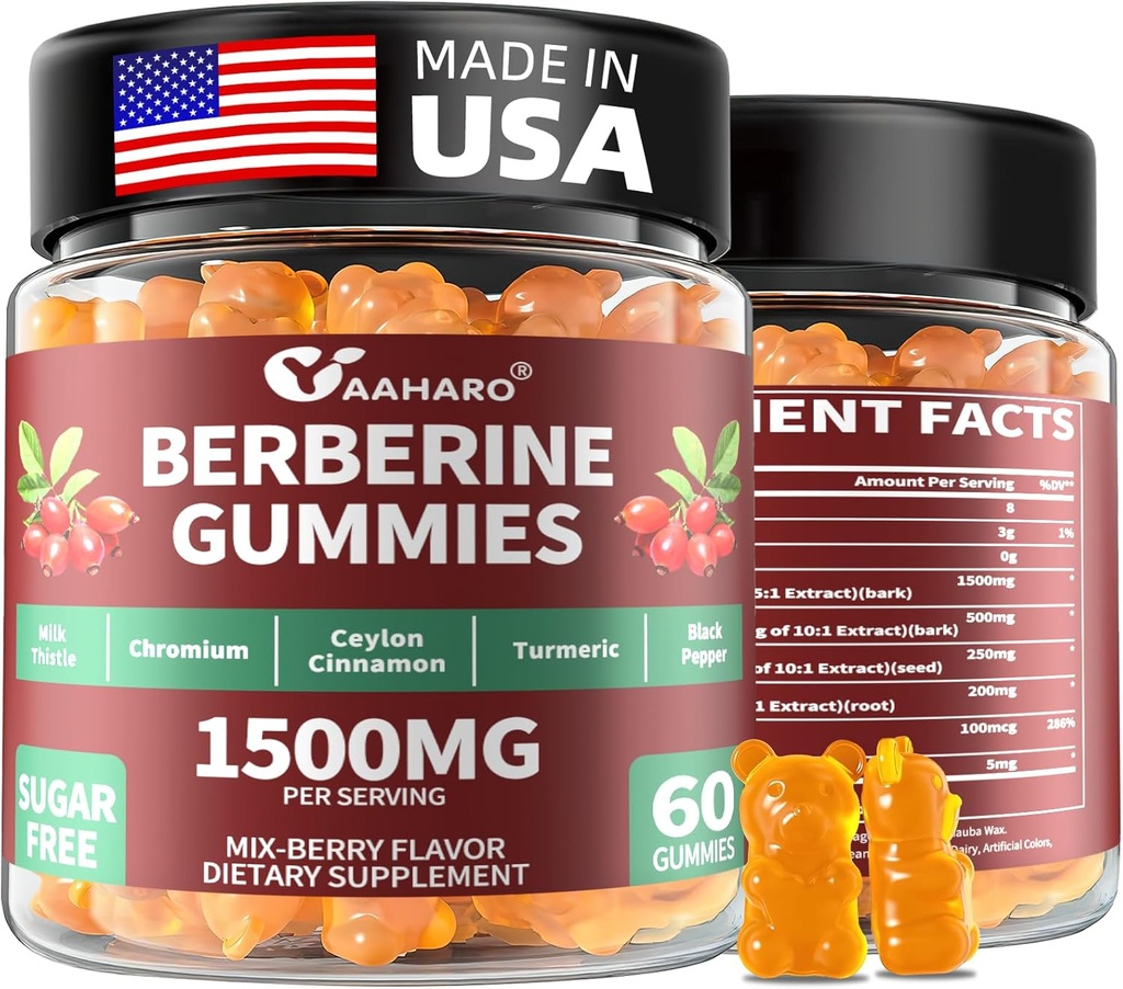 Berberine with Ceylon Cinnamon Gummies - 1500mg Berberine HCI Supplement with Chromium,Turmeric and Milk Thistle - Immune Support - for Women & Men - 60 Sugar Free Gummies