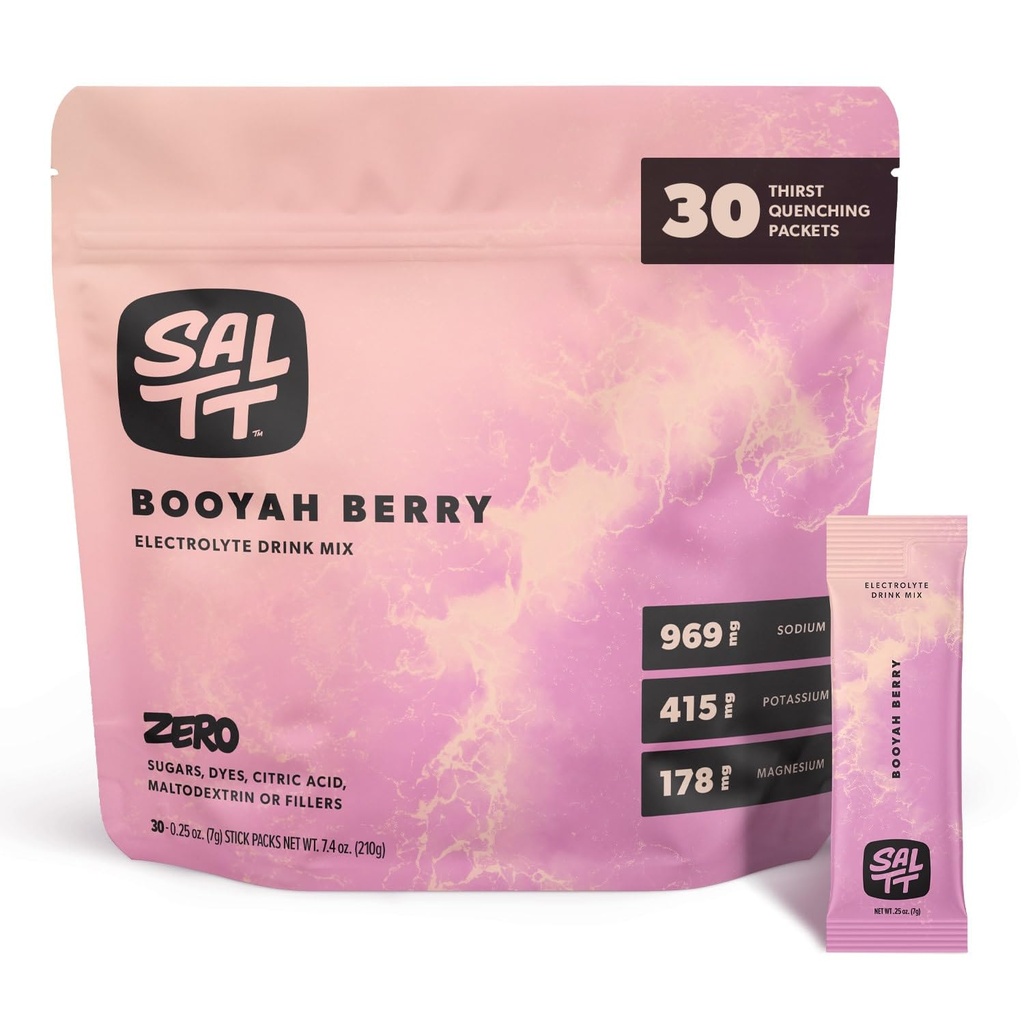 SALTT Electrolytes en poudre Mélange de boissons aromatisées - Boyah Berry - 30 paquets d'hydratation - Magnésium, potassium, sodium, minéraux traces - Zéro sucre et sans gluten - Essentiels de voyage