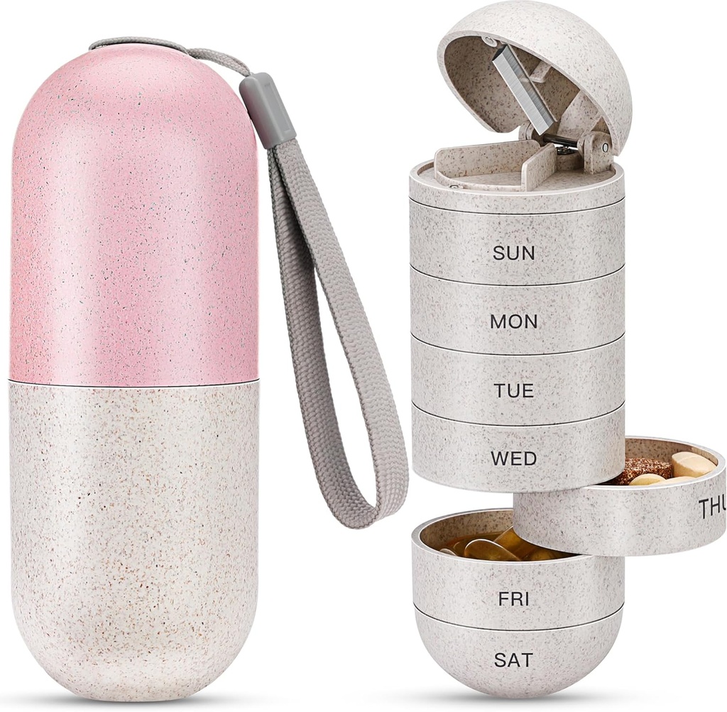 Zannaki 2 en 1 Pill Organizer with Cutter,Grin Fiber Weekly Pill Case Large Compartiment Moisture Proof,Magnetic Lock,BPA Free Travel Hiking Pill Box 7 Day to Hold Pills,Vitamines,Fish Oil,Supplements