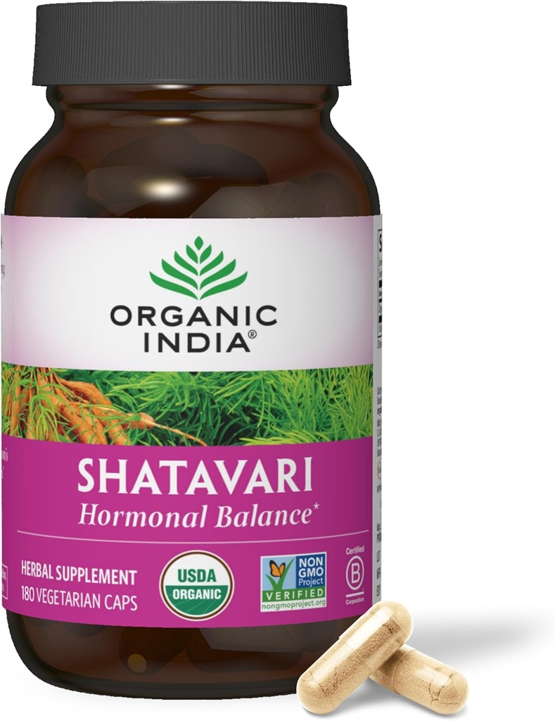 ORGANIQUE INDIA Shatavari Capsules - supplément à base de plantes, soutient l'équilibre hormonal, le soutien du système immunitaire, végétalien, sans gluten, bio USDA, soutient la santé reproductive - 180 capsules