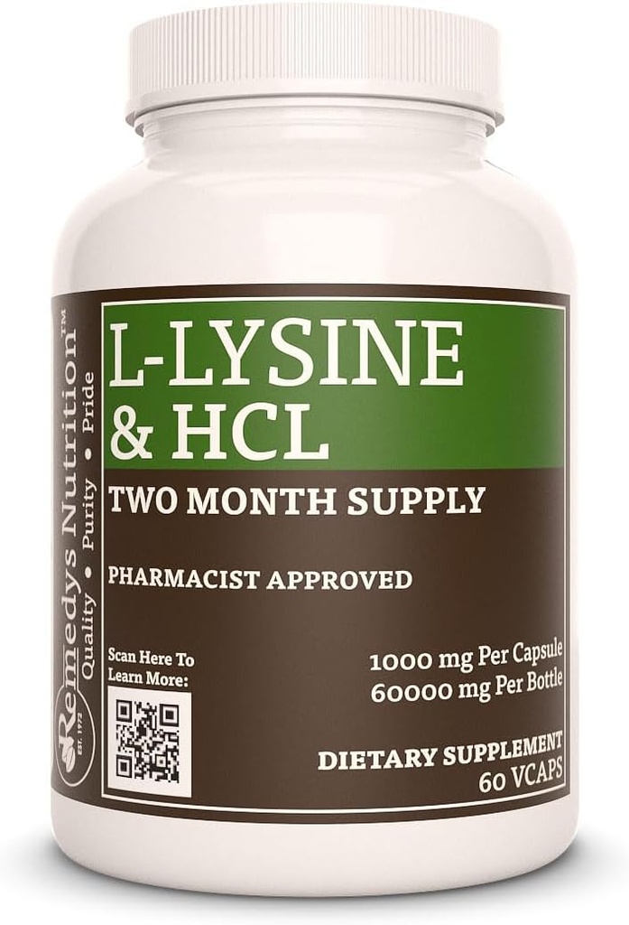 La nutrition de Remedy L-Lysine HCL, 1000 mg, 60 Vegan Capsule Supplément alimentaire Amino Acid