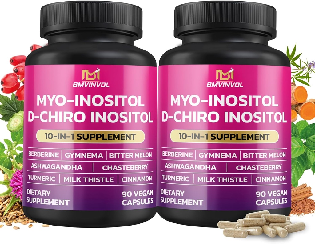 BMVINVOL 2 Pack Supplément Inositol-Myo-Inositol et D-Chiro Inositol Idéal rapport 40:1 - Plus Berberine, Cinnamon, Ashwagandha+5 Plus-60 jours d'approvisionnement
