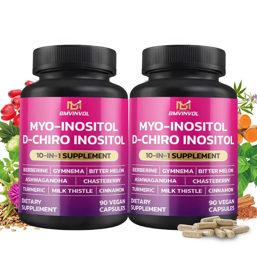 BMVINVOL 2 Pack Supplément Inositol-Myo-Inositol et D-Chiro Inositol Idéal rapport 40:1 - Plus Berberine, Cinnamon, Ashwagandha+5 Plus-60 jours d'approvisionnement
