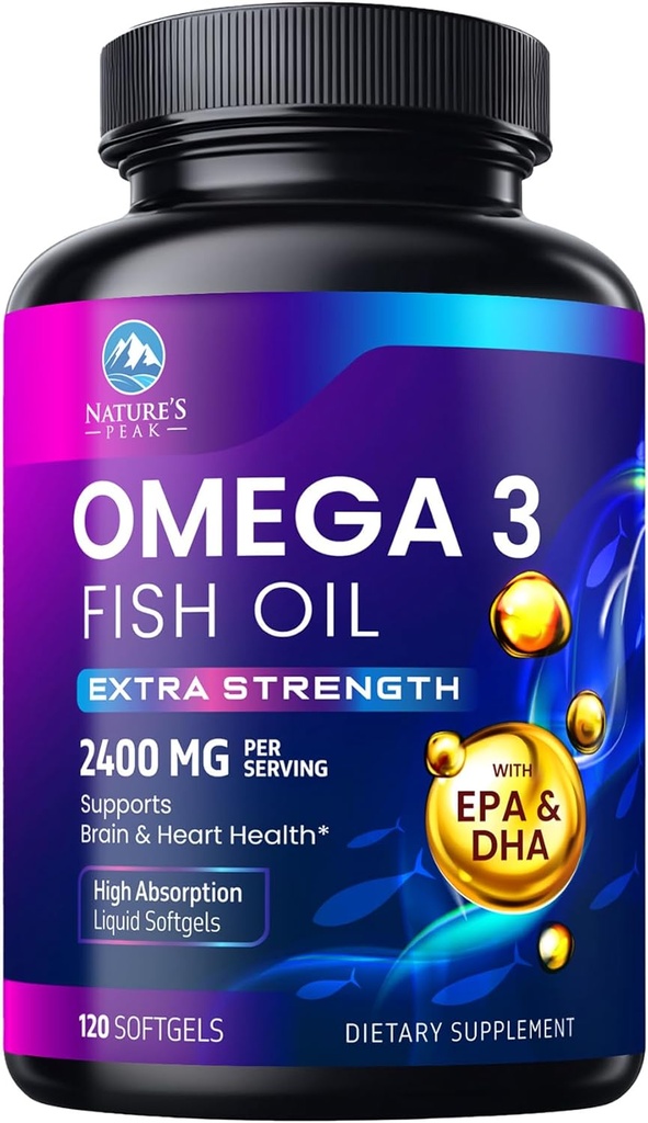 Omega 3 Huile de poisson 2400 mg supplément, source durable, supplément triple force Omega-3 softgels, soutien de la santé cérébrale, EPA et DHA huiles de poisson suppléments acides gras, sans gluten et OGM, 120 softgels