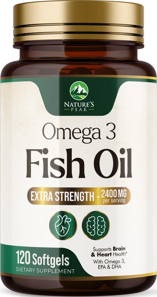 Omega 3 Huile de poisson 2400 mg supplément, source durable, supplément triple force Omega-3 softgels, soutien de la santé cérébrale, EPA et DHA huiles de poisson suppléments acides gras, sans gluten et OGM, 120 softgels