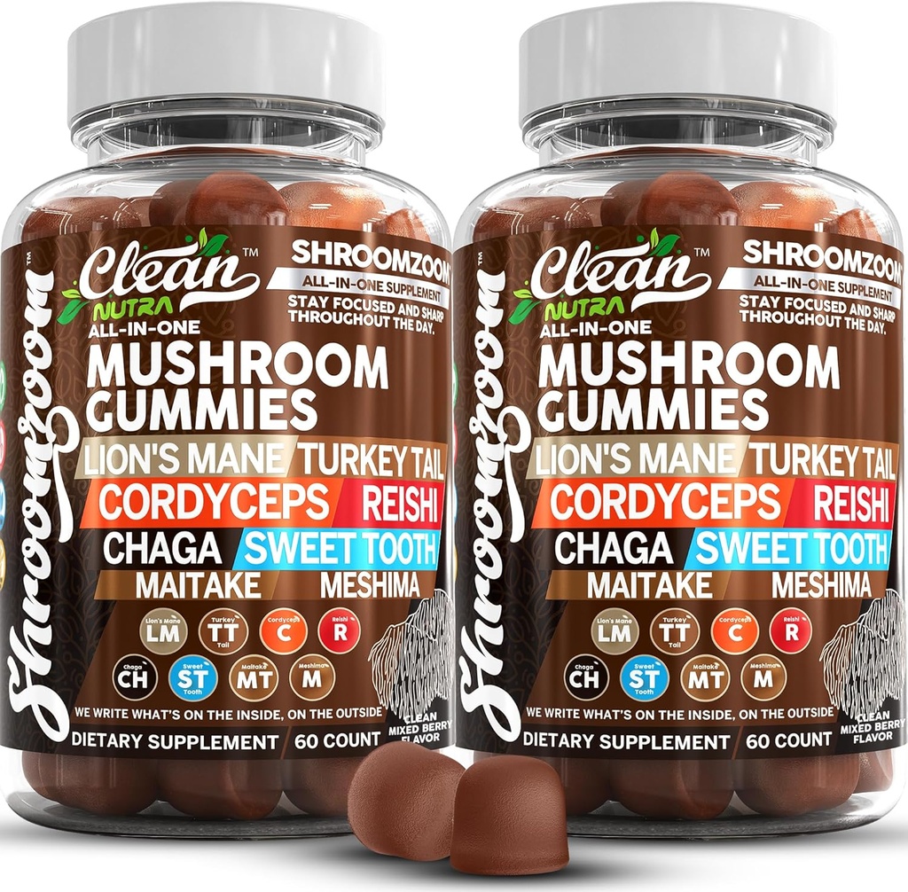 15in1 Gummes de Champignons avec Lion's Mane Turkey Tail Cordyceps Reishi Chaga Sweet Toot Maitake Meshima Poria Cocos Shiitake Tremella, Oyster Agaricus Champignons pour hommes et femmes Supplément - 2Pack