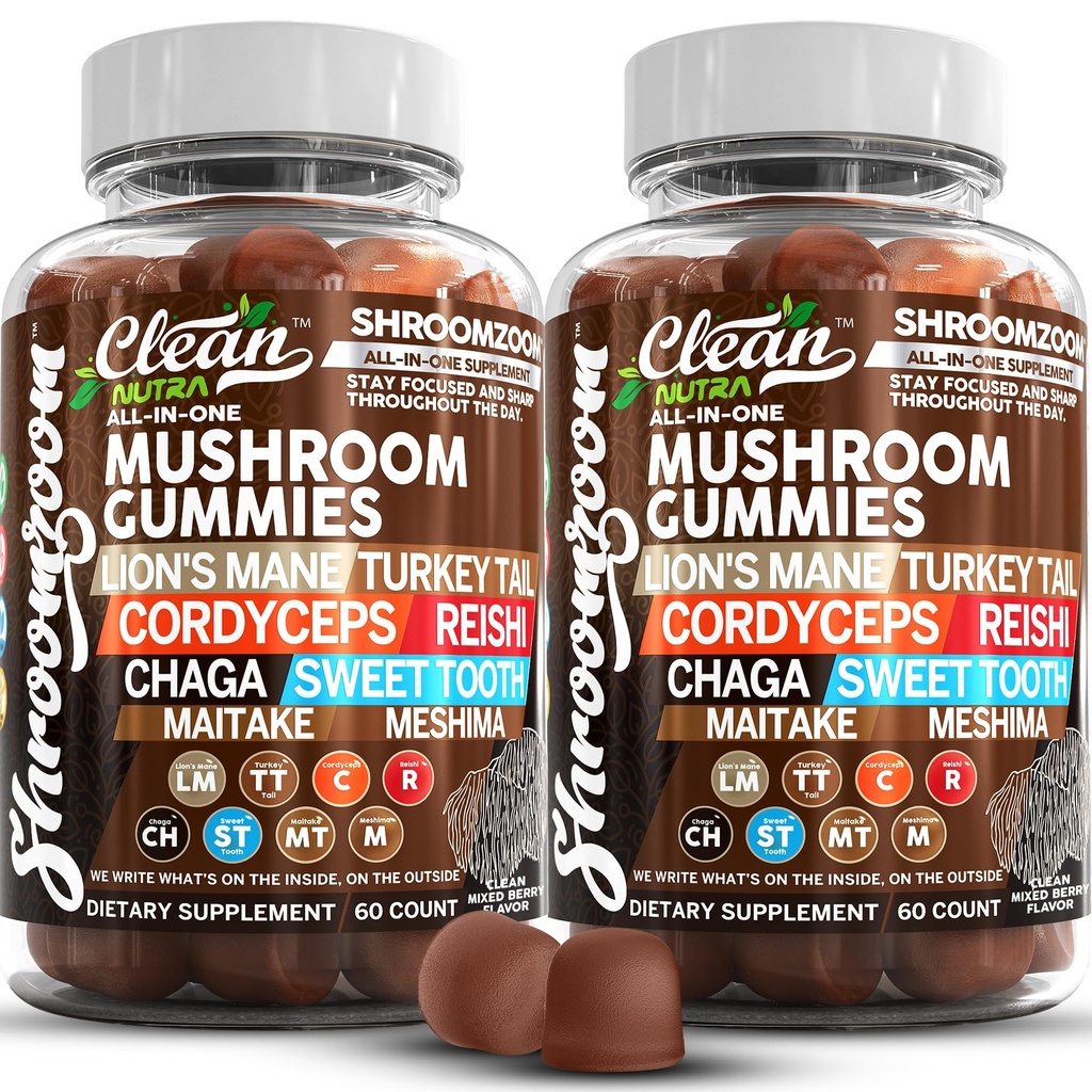 15in1 Gummes de Champignons avec Lion's Mane Turkey Tail Cordyceps Reishi Chaga Sweet Toot Maitake Meshima Poria Cocos Shiitake Tremella, Oyster Agaricus Champignons pour hommes et femmes Supplément - 2Pack